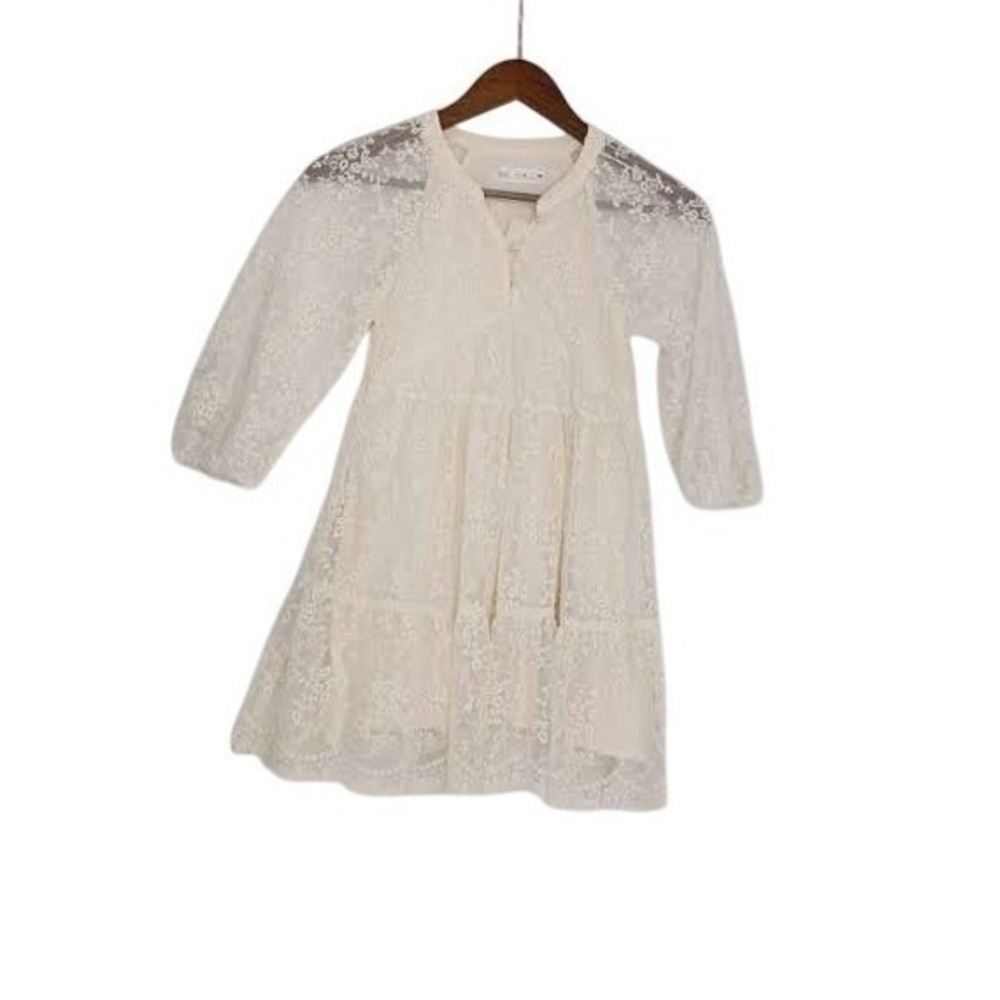 Zara Kids Lace Dress Cream White Button Front Tiered Ruffle Girls Size 8 - Picture 2 of 9